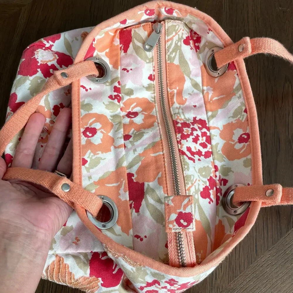 American Eagle Floral Sequined Canvas Tote Bag Cloth Shoulder Salmon Peach